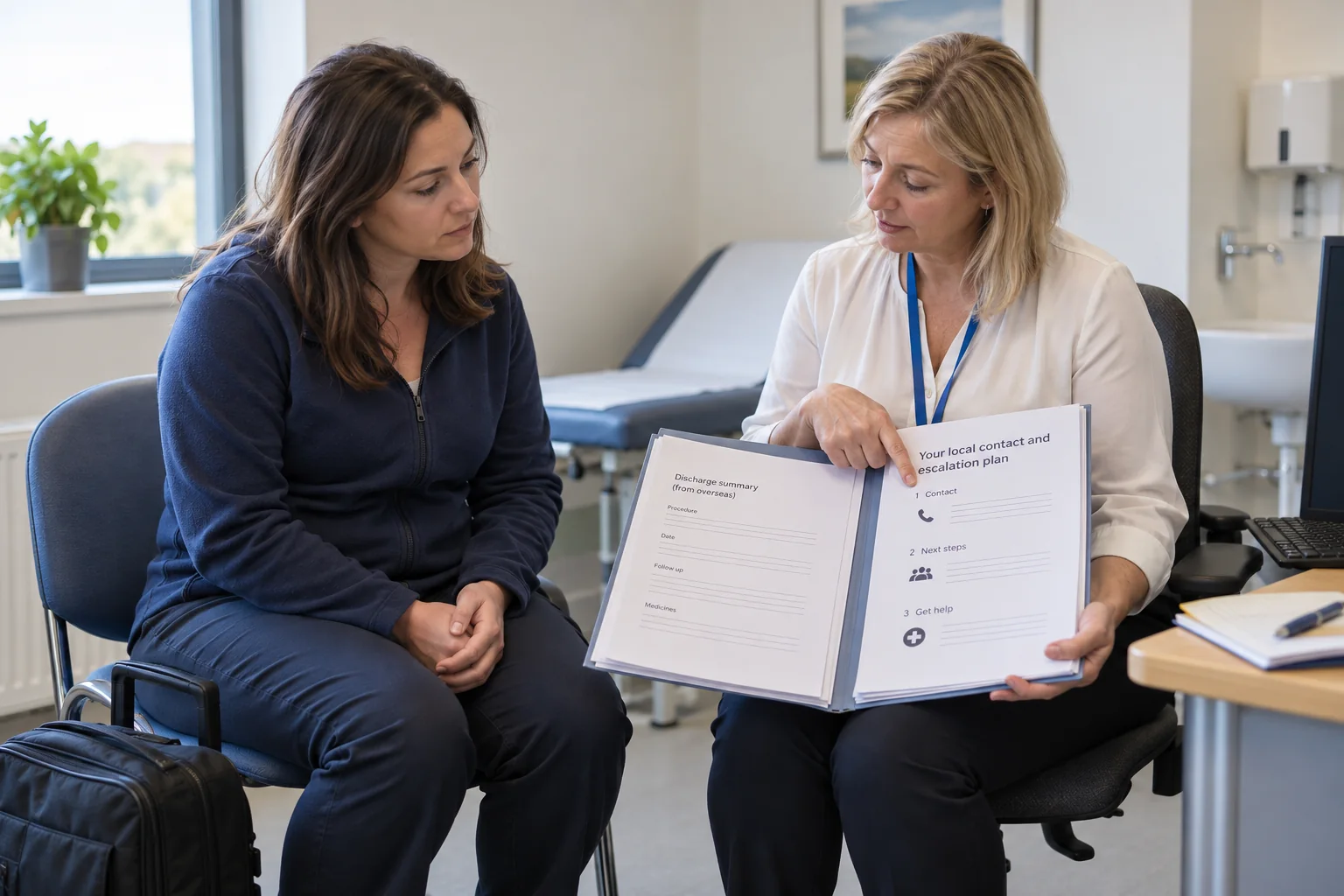After returning home, a new concern needs a local clinical review and a clear route back to the overseas team.