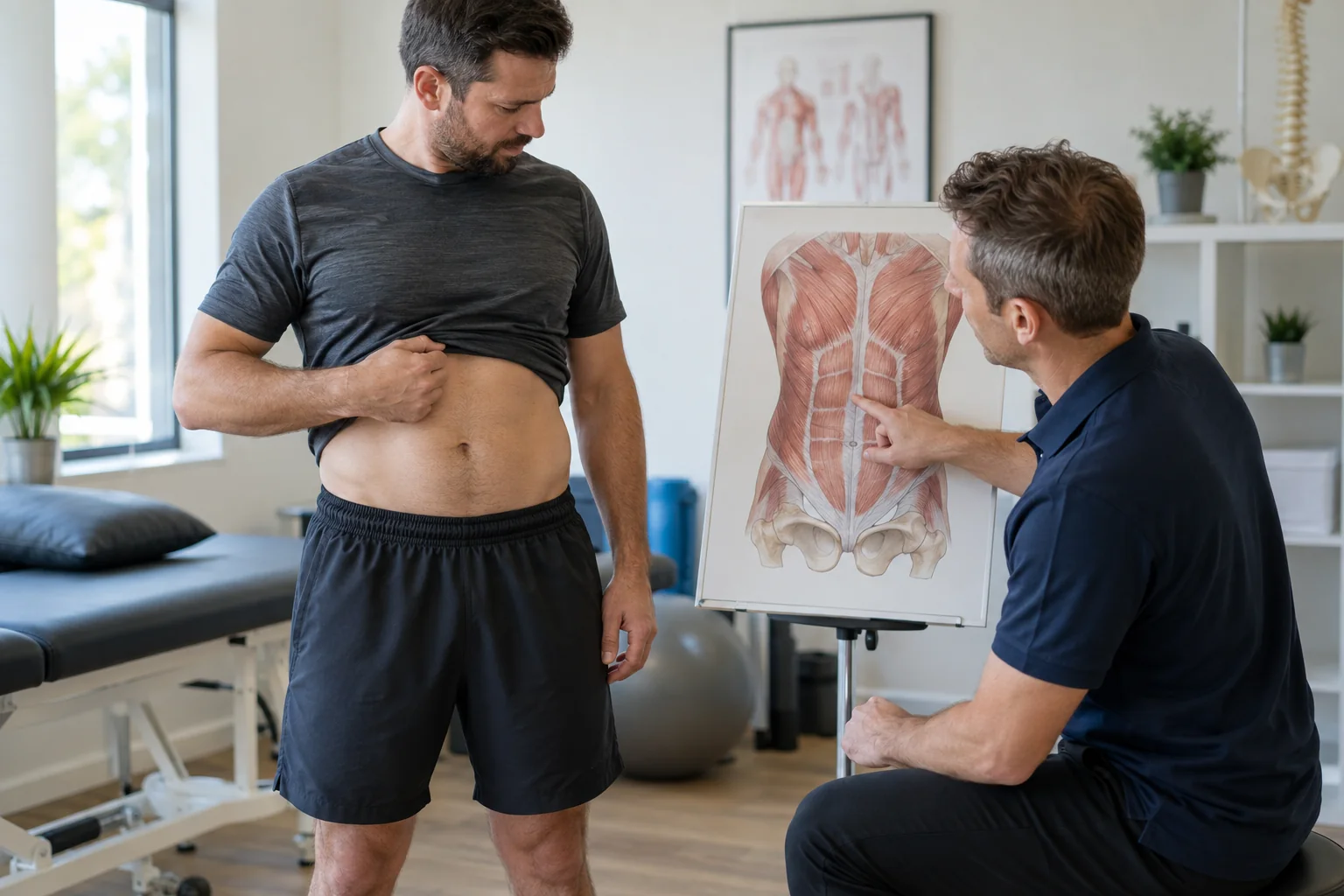 Diastasis can occur in men as well as women; assessment distinguishes muscle separation from other causes of abdominal shape.
