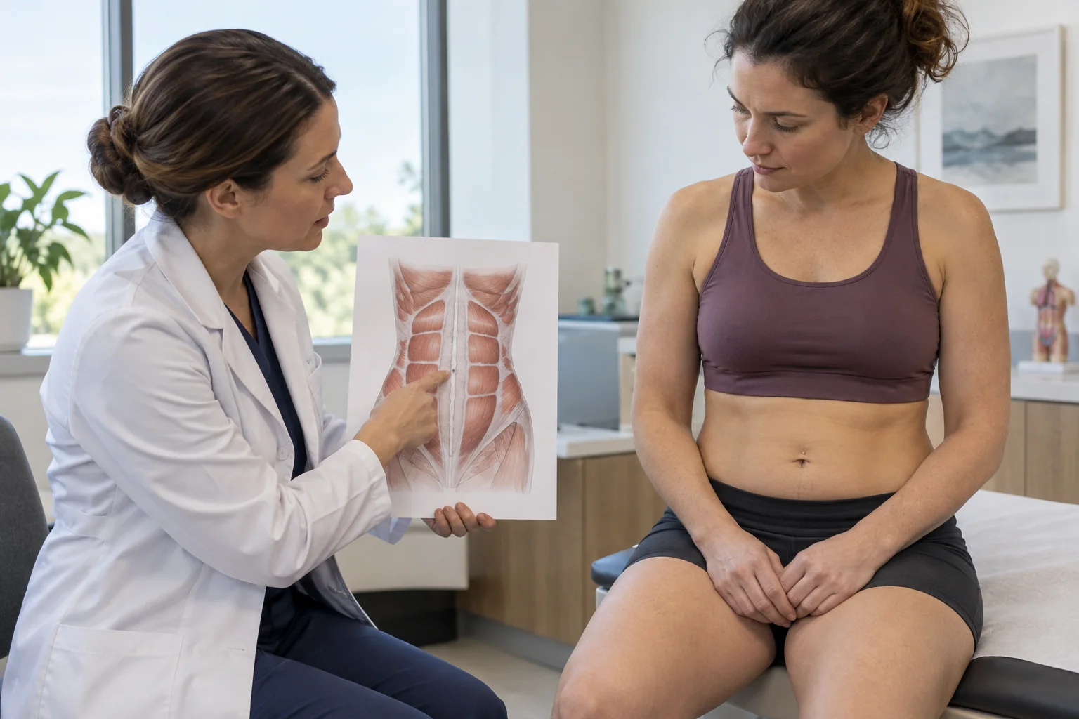 Diastasis recti is a widening at the abdominal midline; whether it needs repair is a clinical decision.