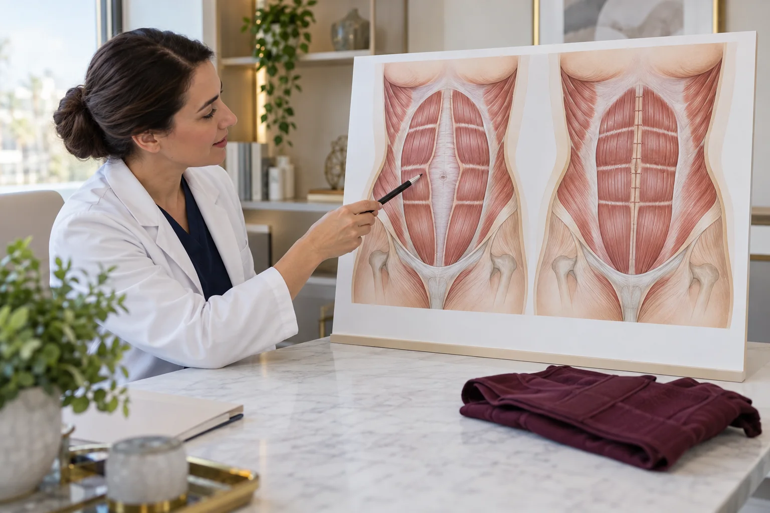 Muscle plication brings the paired rectus muscles toward the midline; it is a separate step from removing skin.