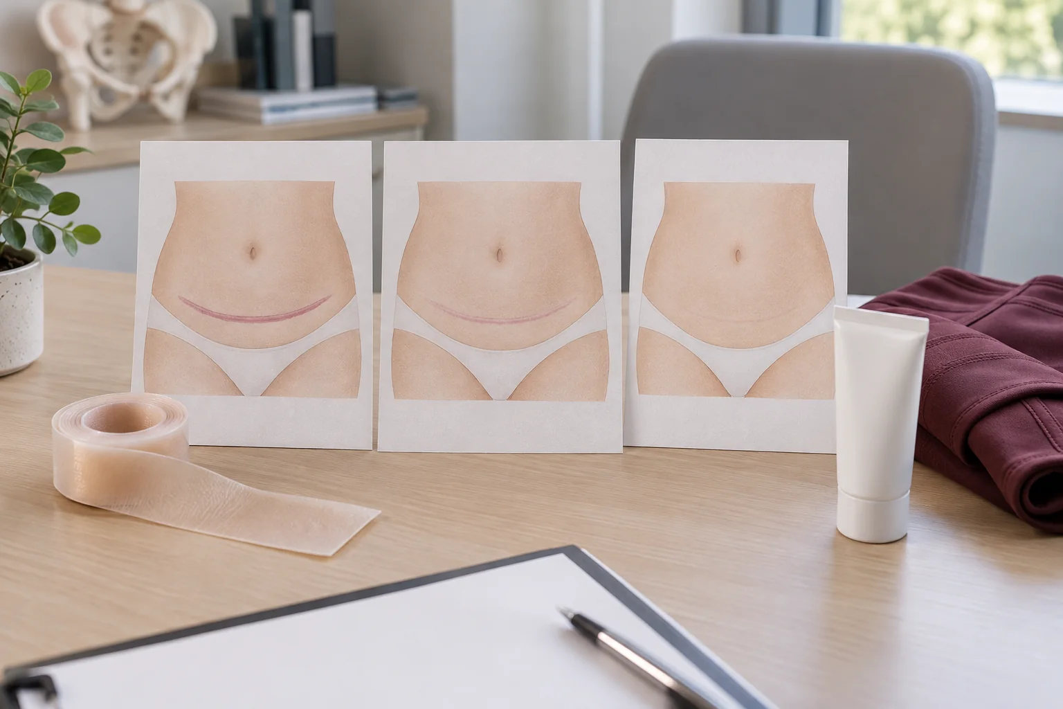 A tummy tuck scar is usually placed low and changes in colour and texture as it matures.