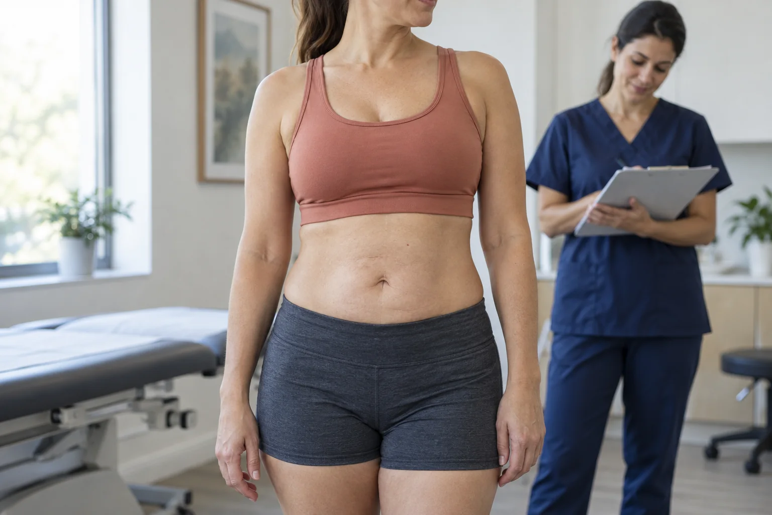 Representative editorial image of how a tummy tuck result is read: the same outline, compared under consistent conditions.