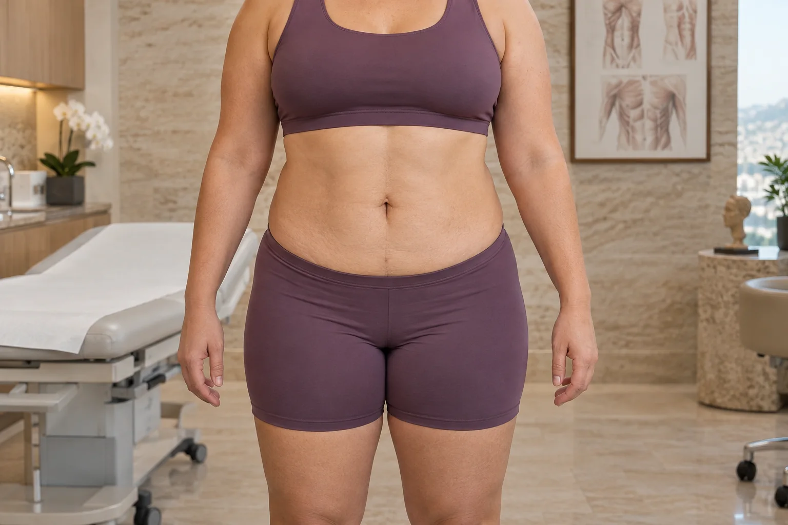 Representative clinical editorial image of a fleur-de-lis tummy tuck, with a horizontal and a vertical component.