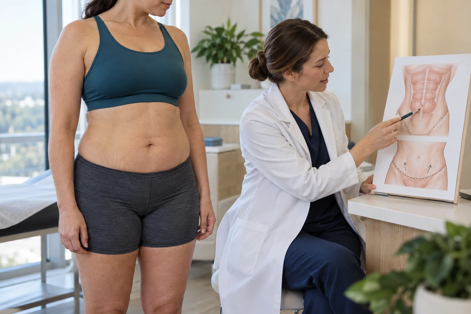 A tummy tuck can remove excess abdominal skin and may include muscle tightening when clinically indicated.